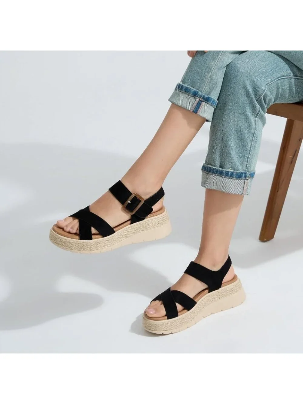 Womens Black Comfortable Solid Espadrille Low Wedge Heel Platform Sandal Shoes